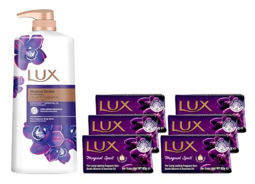 Lux Body Wash Magical Orchid Body Wash 1L (1 Pack) & Lux Purple Magical Soap Bars 6 Pack (80g)