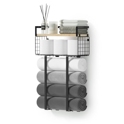 Towel Racks for Bathroom, Metal Towel Holder with Storage Basket,Wall Towel Rack for Rolled Towels, Towel Storage for Small Bathroom,Bathroom Shelves.