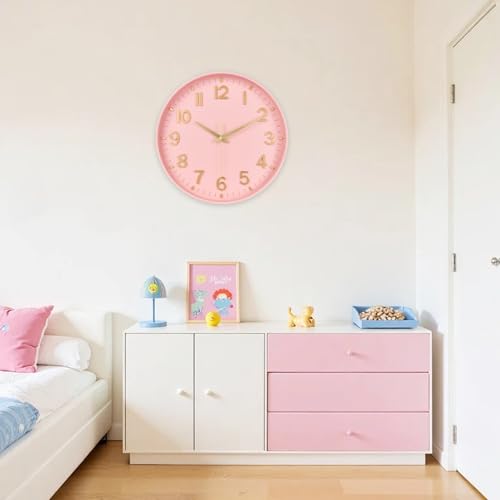 Image of HZDHCLH Wall Clocks Battery Operated,Wall Clock Pink Gold 12 inch Wall Clock Silent Non Ticking Modern 3D Numbers for Office Kitchen Classroom Bedroom Living Room Decor
