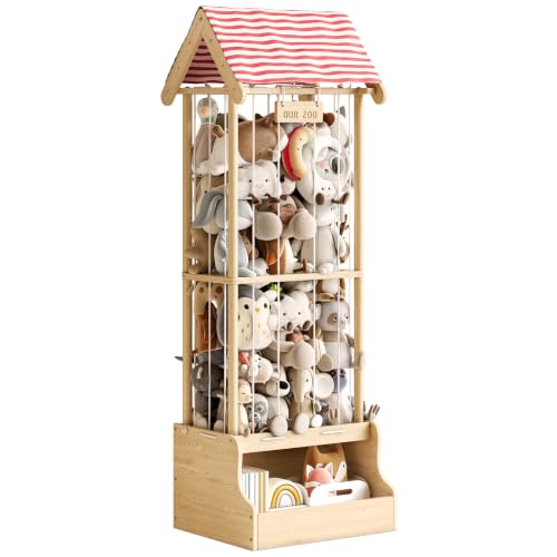 Image of Stuffed Animal Storage, Wooden Stuffed Animal Zoo with Toy Box and Triangular Ceilings, Vertical Stuffed Animal Holder with Thicker Elastic Band, Plushies Storage for Playroom, Nursery, Bedroom