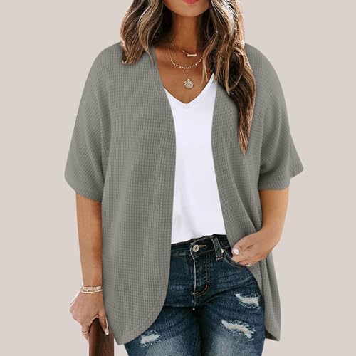 Womens Plus Size Waffle Cardigans Casual Short Sleeve Knit Kimono Coats Fall Oversized Open Front Sweater Tops2