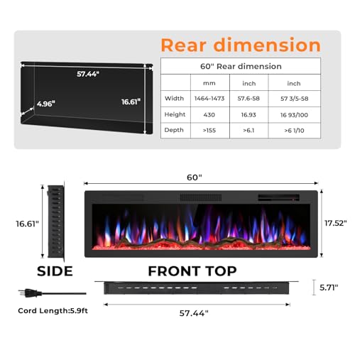 Image of R.W.FLAME 60 inch Recessed and Wall Mounted Smart Electric Fireplace, Alexa /WiFi Enabled, APP Control with Multiple Sound Modes, Remote Control with Timer, Adjustable Flame Colors and Speed