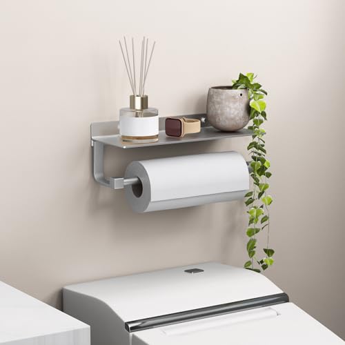 Danpoo Wall Mount Paper Towel Holder with Shelf for Bathroom/Kitchen, Adhesive Hand Towel Holder, Matte Silver - Image 5