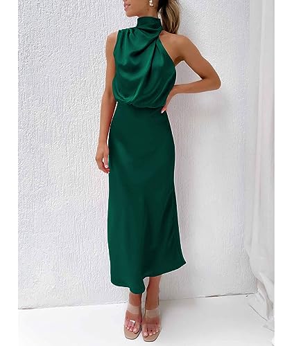 Image of Sexyshine Women's Elegant Halter Tie Neck Sleeveless Satin Long Dress Backless Split Cocktail Party Formal Wedding Maxi Dress