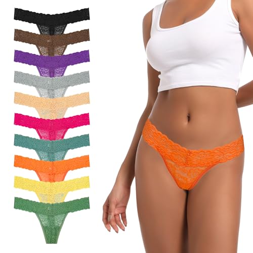 Image of Pack 10 Seamless Lace Thongs for Women Plus Size Breathable Panties Low Rise T-back Stretch Cotton No Show Underwear
