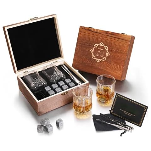 Baban Whiskey Gift Sets for Men & Women, Whiskey Set with 2 Whiskey Glasses and 8 Reusable Whiskey Stones in Wooden Box, Personalized Gifts for Birthday, New Year, Valentine's Day Cover