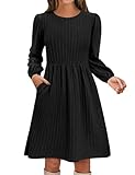 Zeagoo Women Fall Sweater Dress with Pockets Knit Long Sleeve Dress Crew Neck Women Knee Length Dress Loose Fitted Babydoll Dresses Black XX-Large