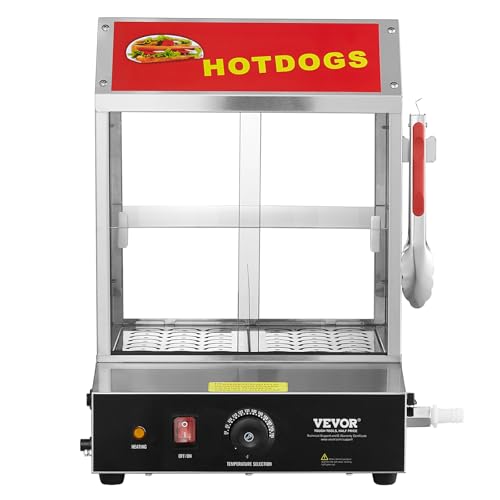 VEVOR Hot Dog Dampfgarer, 27L, 2-stufiger Hot Dog Hütten-Dampfgarer, 30℃~85℃ Temperaturregelung, elektrischer Brötchenwärmer mit Schiebetüren aus gehärtetem Glas, Trennplattenzange, Edelstahl