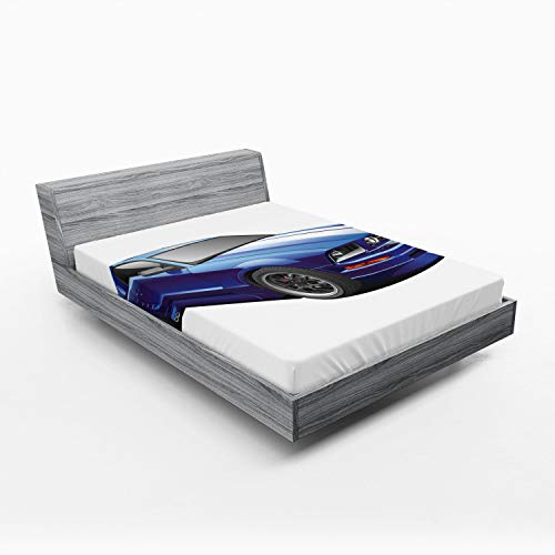 Ambesonne Teen Room Fitted Sheet, American Auto Racing Theme Car Sports Competition Speed Winner Boys Graphic, Bed Cover with All-Round Elastic Deep Pocket for Comfort, Full Size, Blue Grey