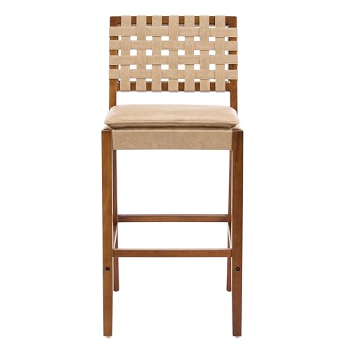 Juego de 4 butacos de altura para barra Christopher Knight Home Caitlyn, asiento de cuero sintético PU para isla de cocina, silla de comedor de madera, butaco con reposapiés, color marrón claro + nogal miniatura 6