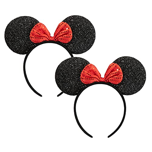 CHuangQi 2 pcs Mouse Ears Headband, Sequin Black Ear & Red Bow for Boy & Girl Birthday Party, Party Favors