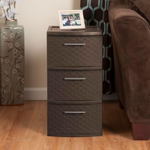 Image of Sterilite 3 Drawer Storage Tower, Plastic Decorative Weave Organizer Drawers for Dorm, Closet, Bedroom, or Craft Room Organization, 4 Pack, Espresso