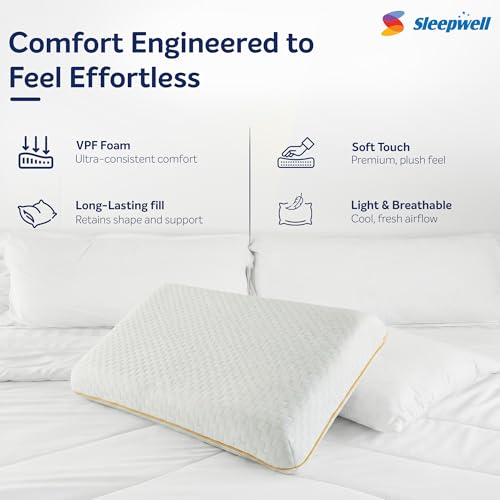 Image of Sleepwell Easy Rest Pillow | VPF Foam | Neck Support & Pressure Relief | Everyday Comfort | Light & Durable | Medium Soft Firm | Breathable | Machine Wash | 24 x 16 Inches | Pack of 1