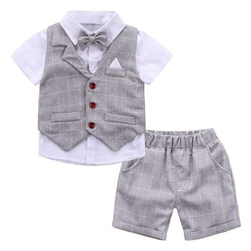 Freebily Kinder Baby Jungen Anzuge Gentleman Fliege Oberhemd Weste Shirt Shorts 3tlg Formal Party Taufe Bekleidungssets Grau_H 86-92/18-24 Monate