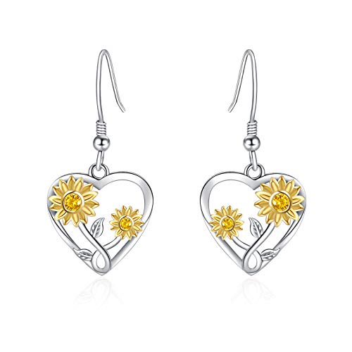 Silver Sunflower Heart Earrings for Women - 925 Sterling Silver Opal Sunflowers/Daisy Heart Dangle Hoop Earring, Valentines Mothers Day Christmas Gifts Jewelry for Her