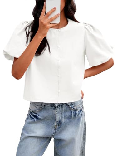Tankaneo Womens Cropped Tops Puff Sleeve Button Down Shirts Trendy Casual Loose Fit Cute Blouse White
