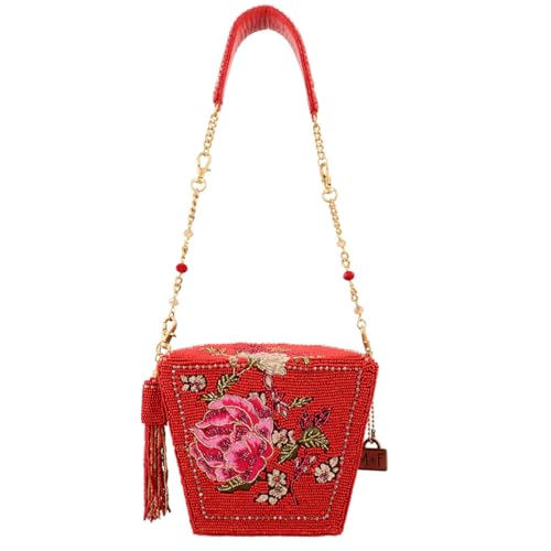 Image of Mary Frances Scarlet Bloom Beaded Top Handle Handbag - Oriental Bridal Purse with Mythical Motif, Red