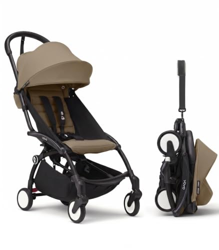 Stokke YOYO3 Stroller from 6 Months - Includes Black Frame/Toffee Seat Cushion + Canopy - Folds in & Out in a Flash - Light & Compact - Carry-On Compatible
