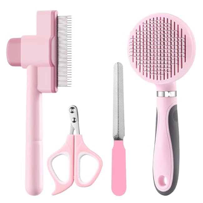 Cat Grooming Kit, 4-in-1 Cat Grooming Tools with Cats Brush, Flea Comb, Nail Clipper & Trimmer - Deshedding & Dematting for Pets Hair and Paws, Pet Shedding Set for Indoor Dogs & Cats (Pink)-ADjeIPPe