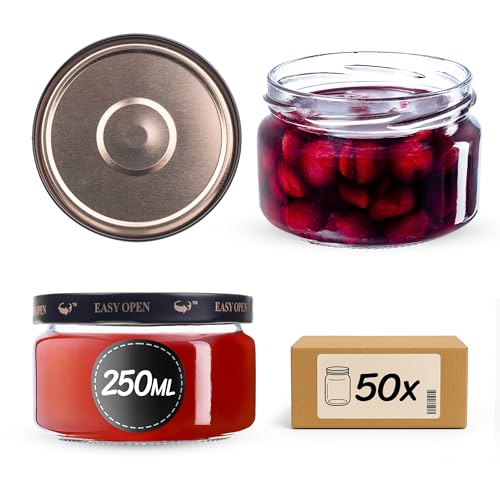 KADAX Tarros pequeños de 250 ml, tarros de mermelada con tapa, herméticos para regalar, minitarros para miel y especias (negro/dorado, 50 unidades)