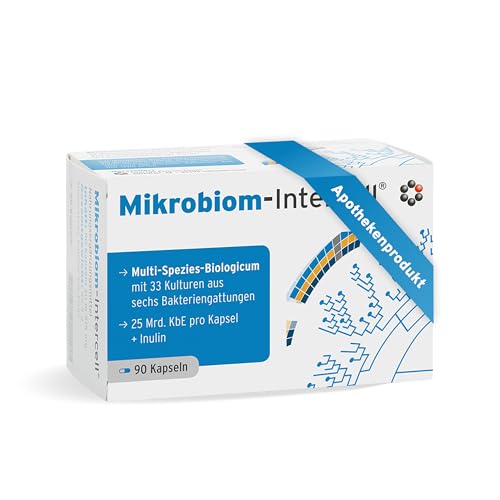 Mikrobiom Intercell (Probiotika) - 33 Bakterienstämmen hochdosiert mit Inulin (90 Kapseln) - Für den Aufbau des Darms mit den wichtigsten Milchsäurebakterien - 25 Mrd. KBE je Kapsel - laktosefrei