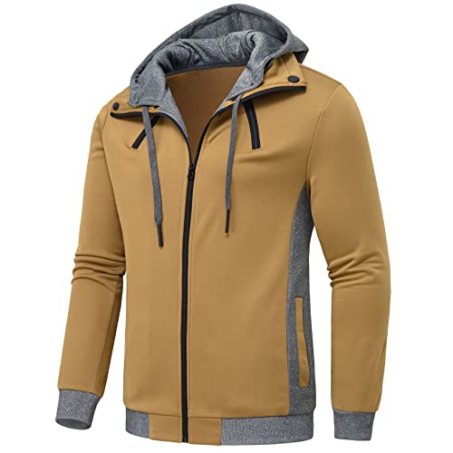 Image of YuKaiChen Men's Hooded Jacket Slim Fit Double Zipper Turtleneck Fleece Hoodie Outerwear