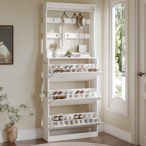 Image of Shoe Cabinet for Entryway with 3 Flip Drawers, White Tall Wood Shoe Storage Cabinet with Coat Rack, Narrow Hidden Slim Freestanding Shoe Rack Organizer, 2 in 1 Hall Tree for Living Room, Hallway