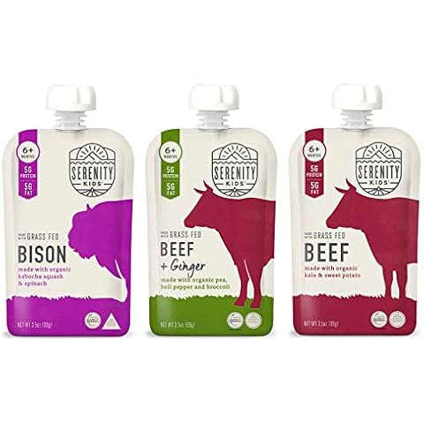 Serenity Kids Regenerative Land to Market Verified Baby Food Pouch Bundle | 6 Each of Grass Fed Bison, Beef & Ginger, and Beef (18 Count) Cover