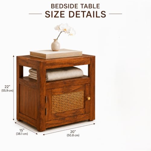 Image of Solid Sheesham Wood Bedside Table with Cane Door | Wooden Nightstand with Open Shelf & Storage Cabinet | Modern Side Table for Bedroom & Living Room