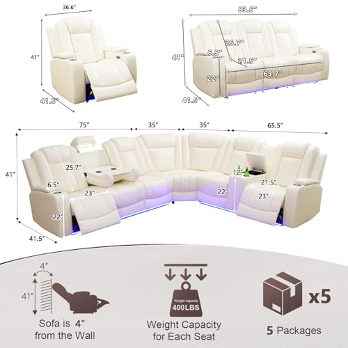 Image of Power Recliner Sectional Sofa Set with LED Light,L Shaped Leather Sectional Couch Set with 5 Recliner Seats,Modular Couches with USB Ports for Living Room Furniture,Cream White