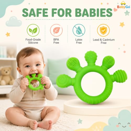 Image of BabyGo 2-in-1 Baby Teether & Sensory Ring | Soft Silicone Multi-Textured Chew Toy for Gum Soothing | Mouthing & Sensory Development | Easy-Grip Toy for Infants 3-12 Months | Green | Pack of 1