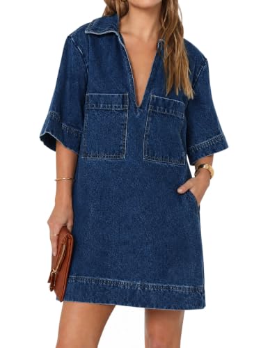 Image of Fisoew Womens Denim Shirt Dress Summer Collared V Neck Mini Casual Jean Dresses with Pockets