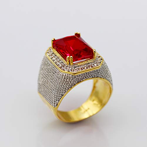 Uloveido RA408-9-RED Men Yellow Gold Plated Emerald Cut Simulated Red Ruby Ring Wedding Engagement Bands Promise Ring thumb #1