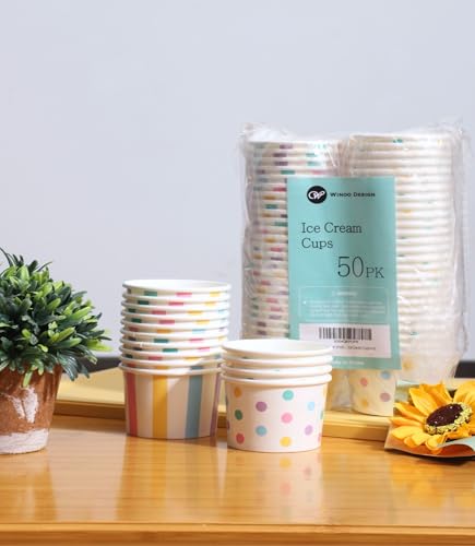 Image of Winoo Design Small Ice Cream Cups Disposable - 50 PK - Paper Ice Cream Cups 4 oz Mini Sundae Bowls Treat Cups Containers (2 Assorted Designs 4oz Cups)