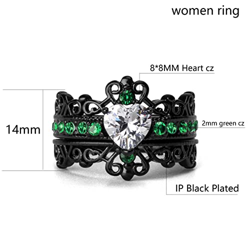 Couple Rings Black Plated Heart Blue Cz Womens Wedding Ring Sets Crown Ring Titanium Man Wedding Bands（Please Buy 2 Rings for 1 Pair）2