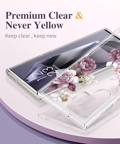 Image of Elzzi Clear Transparent Flower Cover for Samsung S24 Ultra 5g Case Shockproof Case Floral Design Camera Protection Shockproof PC+TPU Transparent Flower Cover for Girls & Women 2024 6.8 inch (Deep Purple)