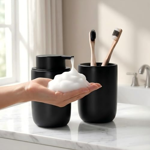 Image of Bosilunlife Soap Dispenser and Toothbrush Holder Set - 11Oz Foam Soap Dispenser Pump Ceramic Bathroom Counter Soap Toothbrush Holder Set Black Bathroom Accessories Set