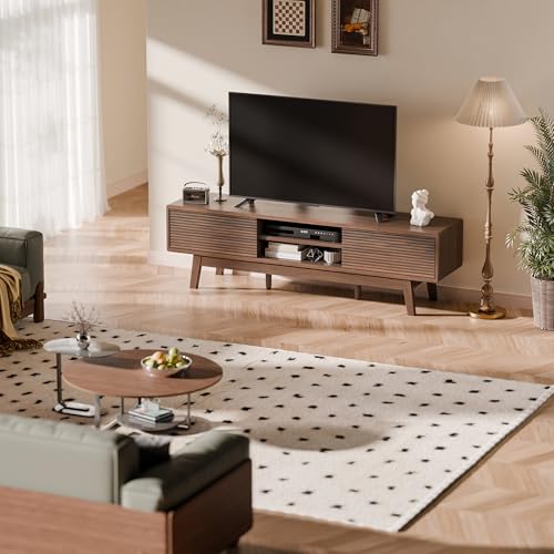 TOLEAD TV Console, Mid Century Modern Media Console for 55/60/65 Inch TV, Low Profile TV Stand with Fluted Sliding Doors, Boho Light Wood Credenza for Living Room (Walnut, 59\")