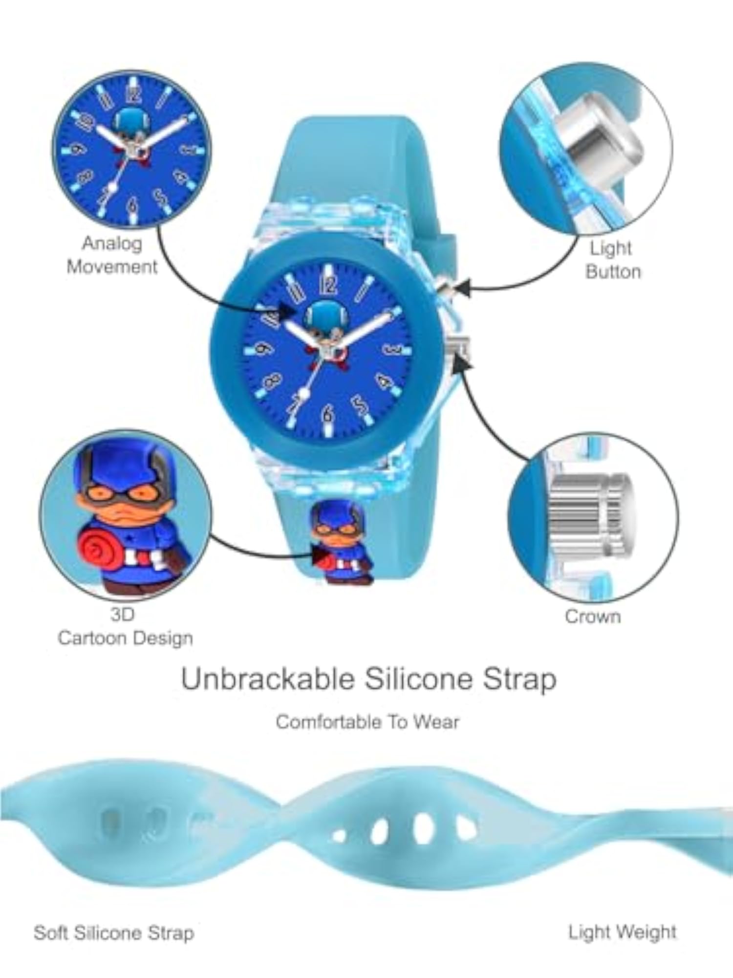 Kids 3D Cartoon Analogue Watch with Glowing Disco Light