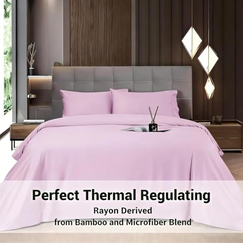 Image of Shilucheng 4 Piece Queen Sheet Sets, Cooling Sheets, Blend Rayon Derived from Bamboo, Deep Pocket Up to 16 inch, Breathable & Soft Bed Sheets, Hotel Silky Bedding Set, Lilac