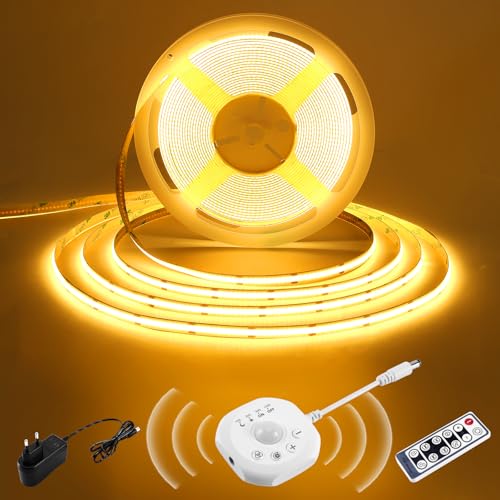luktix Striscia LED COB Sensore Movimento 3 metri, Nastro LED 24V con On/Off Auto, 4 Modalità timer, Modalità Giorno/Notte, Striscia LED Bianco Caldo per Scale, Letto, Armadio, Cucina, 2700K
