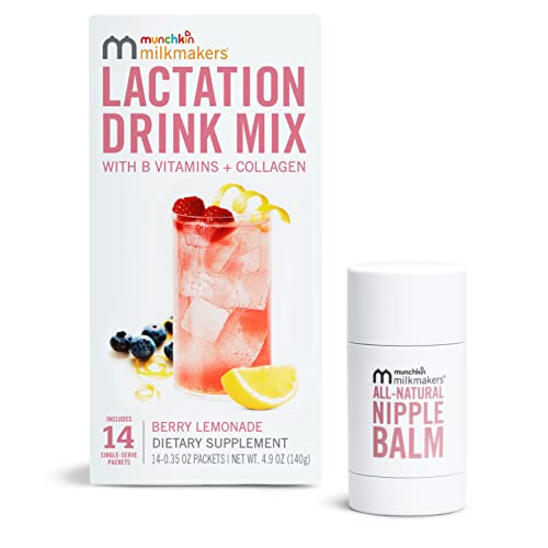 Image of Munchkin® Milkmakers® Lactation Drink Mix Supplement with B Vitamin, Collagen & Milk Thistle, 14 Count and All-Natural Nipple Balm