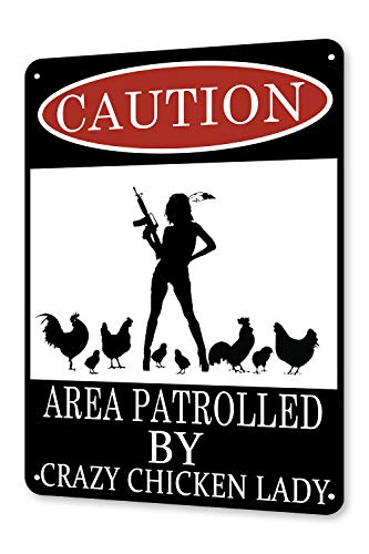TINME Metal Sign-Caution Area Patrolled by Crazy Chicken Lady Vintage Tin Signs Funny Sign Bar Coffee Shop Chicken Coop Farm Wall Decor Sign 12x8 Inch
