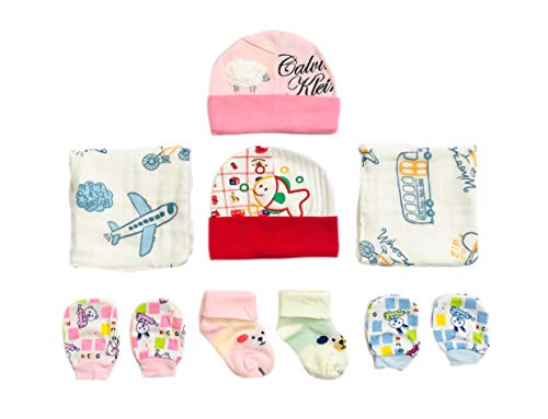 Freshfoot New Born Baby Combo set 2 Pairs socks,2 Pairs Head-caps,2 pairs hand gloves/Mittens,2 pack of Muslin Cotton Soft Organic Towel 30 * 30Cm (Pack of 8) 0-6 Months