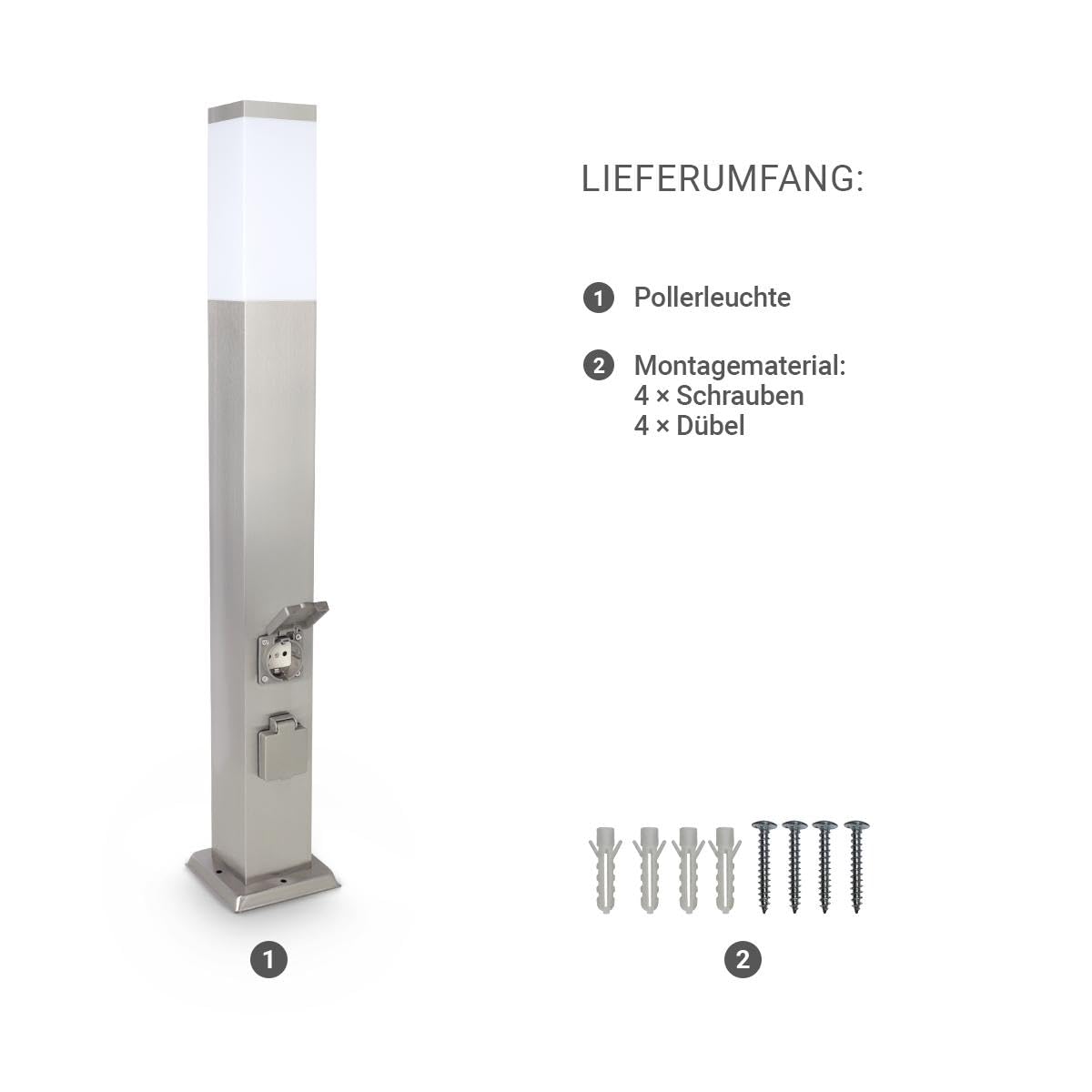 LongLife LED Pollerleuchte mit 2x Steckdosen E27 Fassung IP44 - Hohe: 80cm - Farbe: Edelstahl