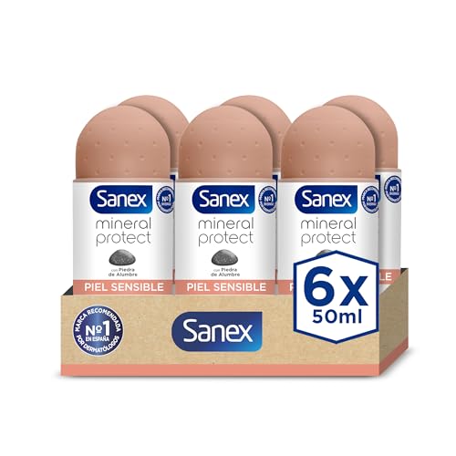 Sanex Mineral Protect, Desodorante Hombre o Mujer, Desodorante Roll-on, Piel Sensible, Pack 6 uds x 50ml