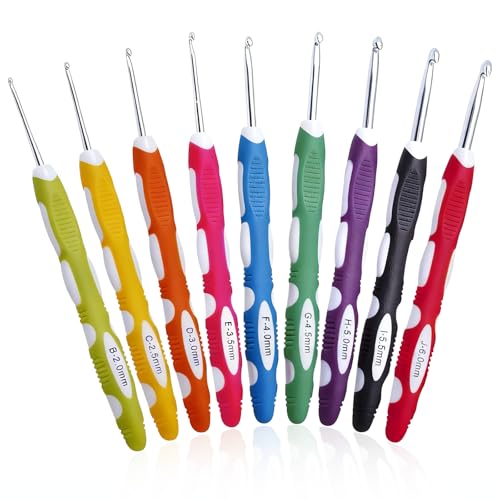 Tarqite 9 Stück Häkelnadel Set 2 0mm-6 0mm Häkel Nadeln Set Ergonomisch Häkelnadeln mit Bunte Silikongriff Softgriff Häkelnadel für Anfänger Häkelliebhaber Arthritische Hände