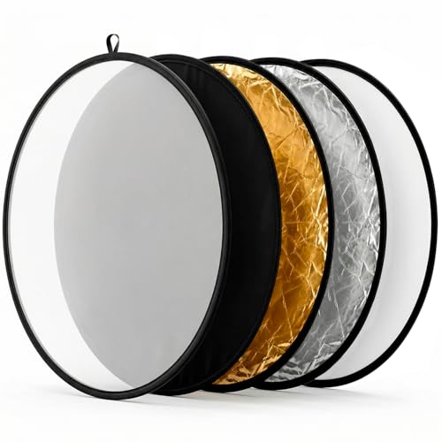 QWORK 22 Inch (60 cm) 5-in-1 Collapsible Light Reflector & Diffuser - Translucent Silver Gold White Black Multi Disc Photography Reflector for Studio Outdoor Photography