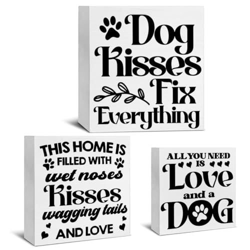 3 Pcs Dogs Wood Signs Decor Dog Lover Wood Block Signs Farmhouse Dog Themed Wooden Box Signs Decorations for Home Tiered Tray Desk Table Shelf