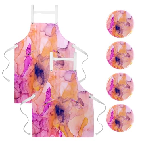 Lot de 2 tabliers de cuisine texture marbre encre rose avec 4 broches de réglage